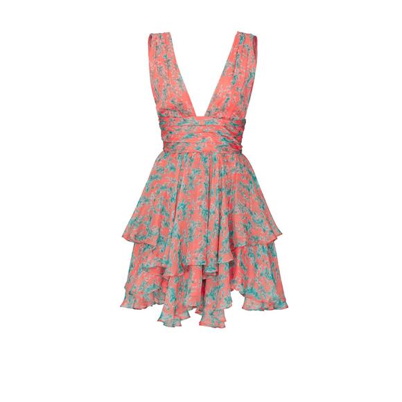 CAROLINE CONSTAS Coral Green Floral Hourglass Paris Mini Dress Size Medium - Picture 4 of 9